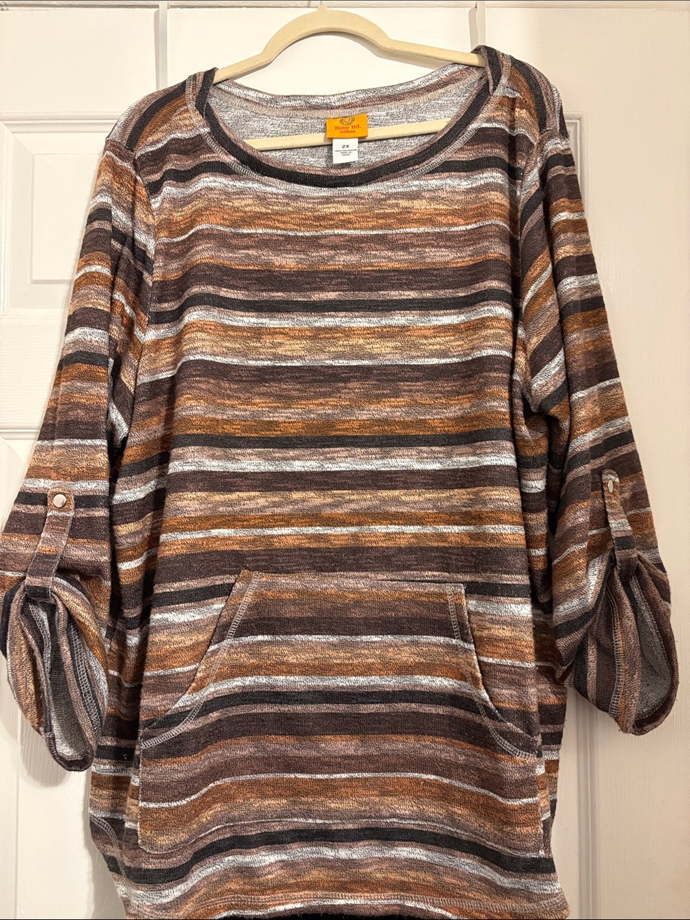 Ruby Rd. Striped Pullover Hoodie in Brown, Tan & Cream PtP 26